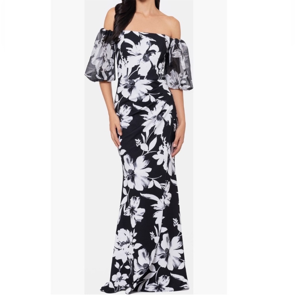 Xscape Black and White Off-Shoulder Floral Gown